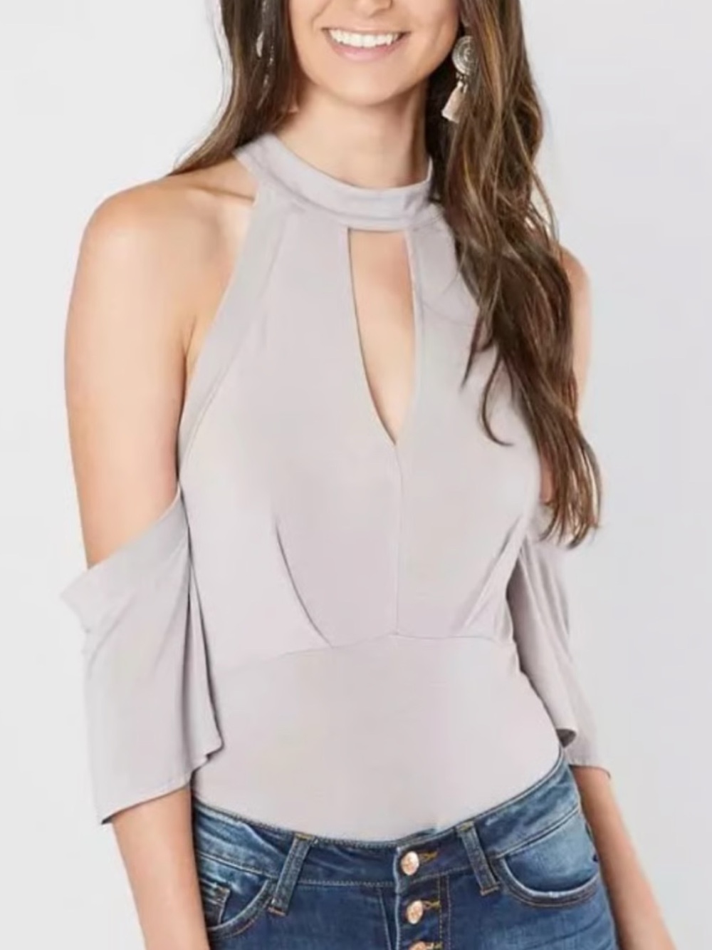 Cold-Shoulder Halter Bodysuit in Light Gray